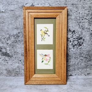Vintage Wood Framed Needlepoint Hummingbird Finch Birds Handmade Cottagecore